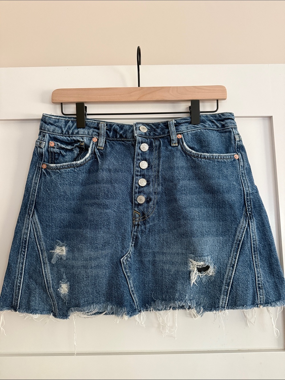 We The Free Denim Button-Front Distressed Mini Skirt